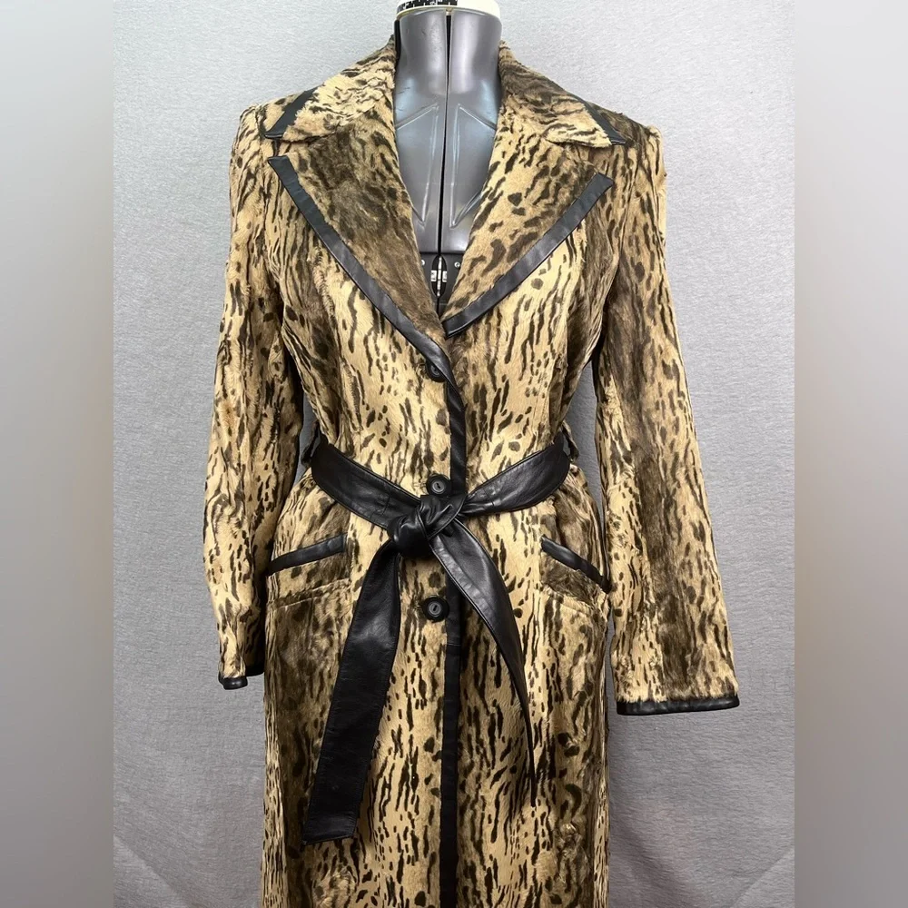 DESIGNER JAVIER SIMORRA BARCELONA COAT BUTTON UP Cheetah Print WAIST BELT SIZE 8 - Picture 2 of 10